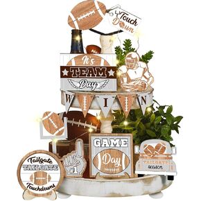 Sumind 15 Pcs Fall Football Tiered Tray Decor Set Baseball Wood Sign Farmhouse Tray Decoration Football Game Wooden Sign for Thanksgiving Home Table