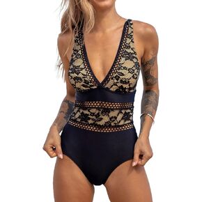 Beachsissi Womens Lace Patchwork Swimsuit V Neck One Piece Swimwear
