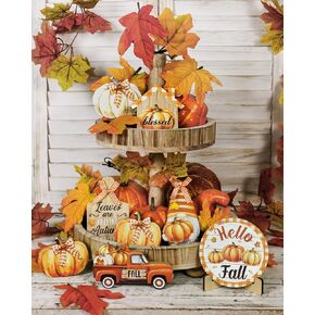 Putuo Decor Thanksgiving Tiered Tray Decorations Set 10pcs Wooden Fall Tiered Tray Decor Hello Fall Decorations for Home Truck Gnomes Pumpkin Tray Decoration for Thanksgiving Decor Farmhouse Decor