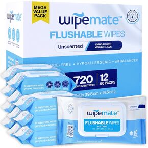 XL Flushable Butt Wipes, Made/w soothing Vitamin E & Aloe, 99% Water, Unscented Premium Super Soft Hygiene Wipes, Septic & Sewer Safe, 12 Premium Flip-Top Packs, 60 Wipes Per Pack (720) Count
