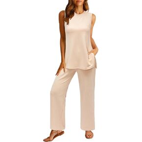 Newshows Womens Summer 2 Piece Outfits Ribbed Knit Tank Tops Wide Leg Pants Lounge Set Matching Tracksuit 2024 Spring Fashion