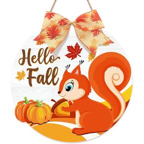 Hello Fall Door Wreath Squirrel, Autumn Harvest Welcome Wood Hanging Sign, Round Thanksgiving Door Hanger with Bow for Front Door Decoration, Pumpkin Maple Leaf Home Farmhouse Wall Decor in Kuwait
