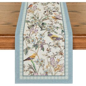 Artoid Mode Blue Birds Flowers Blossom Table Runner, Seasonal Spring Floral Kitchen Dining Table Decoration for Home Party Decor 13x72 Inch