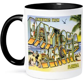 3dRose Greetings from Daytona Beach Florida Bold Lettering with City Scenes Two Tone Mug, 11 oz, Black