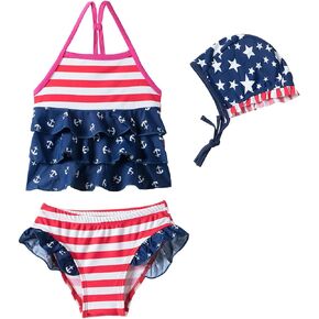 Mud Kingdom Toddler Girls Tankini Swimsuit with Hat Sleeveless 4T Navy Blue American Flag Patriotic Summer
