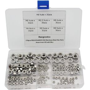 210pcs M2/2.5/3/4/5/6/8 304 Stainless Steel Hex Nuts Assortment Kit with Box