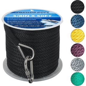 Anchor Rope 50FT x 3/8in,Premium Solid MFP Braided Anchor Rope Anchor Line,Boat Anchor Rope with Stainless Steel Thimble & Snap Hook,Boat Rore Marine Rope for Anchors and Boats(Black/Yellow)
