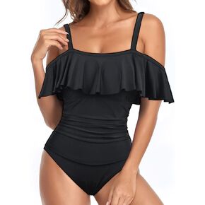CinCili Plus Size One Piece Swimsuits for Women Vintage Off Shoulder Ruffled Tummy Control Bathing Suits