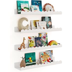G&W Gruwald 4 Pack White 15.7 بوصة رف كتب أكريليك لغرفة الأطفال، أرفف كتب أطفال عائمة للجدار، أرفف كتب الحضانة، رف المجلات، حافة الصور (أبيض، 15.7)