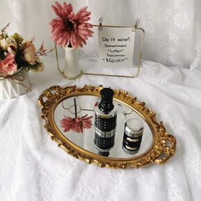 Ham Hamphinee Oval Floral Wall Mirror Tray, Dresser Organizer Tray, Decorative Perfume Mirror Tray, Serving Tray, 9.5’’ X 14.5’’, Gold