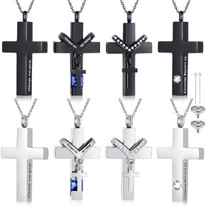 Yinkin 8 Pcs Urn Necklace for Ashes Cremation Cross Necklace for Ashes Stainless Steel Cremation Jewelry for Ashes Memorial Jewelry for Men Women