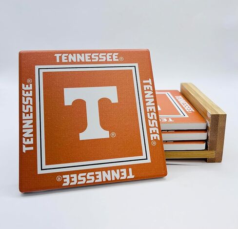 قواعد أكواب للمشروبات تحمل شعار Tennessee Mascot Volunteers - مجموعة من 4 - حامل فلين من خشب السيراميك الأبيض للمتطوعين البرتقاليين للمنزل والمكتب والحفلات والبوابة الخلفية مرخصة رسميًا in Kuwait