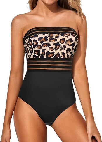 Holipick One Piece Swimsuits Tummy Control Strapless Bathing Suits for Women Slimming Bandeau Tube Swimswear Leopard in Saudi Arabia