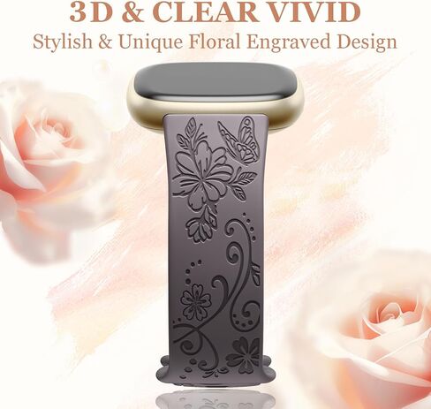 Getino Engraved Band Compatible with Fitbit Versa 4 Bands for Woman/Versa 3 Bands & Fitbit Sense 2 Bands/Sense Bands Women, Soft Floral Pattern Sport Accessories for Sense/Sense 2/Versa 4/3 SmartWatch in Kuwait