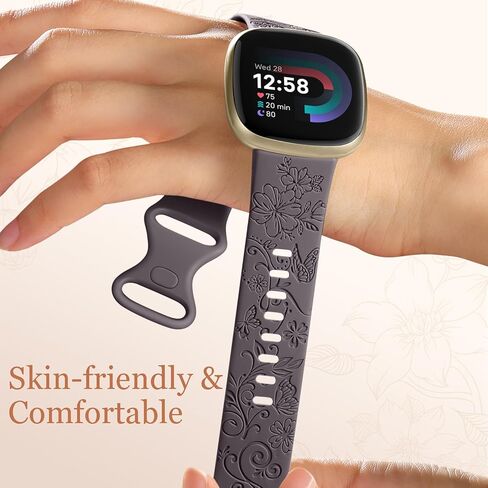 Getino Engraved Band Compatible with Fitbit Versa 4 Bands for Woman/Versa 3 Bands & Fitbit Sense 2 Bands/Sense Bands Women, Soft Floral Pattern Sport Accessories for Sense/Sense 2/Versa 4/3 SmartWatch in Kuwait