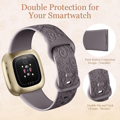 Getino Engraved Band Compatible with Fitbit Versa 4 Bands for Woman/Versa 3 Bands & Fitbit Sense 2 Bands/Sense Bands Women, Soft Floral Pattern Sport Accessories for Sense/Sense 2/Versa 4/3 SmartWatch in Kuwait