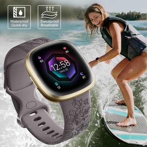 Getino Engraved Band Compatible with Fitbit Versa 4 Bands for Woman/Versa 3 Bands & Fitbit Sense 2 Bands/Sense Bands Women, Soft Floral Pattern Sport Accessories for Sense/Sense 2/Versa 4/3 SmartWatch in Kuwait