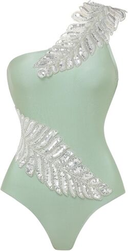FLAXMAKER One Shoulder Green Leaf Sequin Embroidery One Piece Swimsuit and Sarong in Saudi Arabia