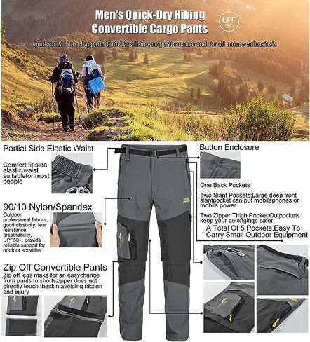سروال المشي لمسافات طويلة للرجال قابل للتحويل، سروال صيد سريع الجفاف، سروال تخييم خارجي بسحاب قابل للتمدد بعامل حماية من الأشعة فوق البنفسجية 50 مع 5 جيوب in Kuwait