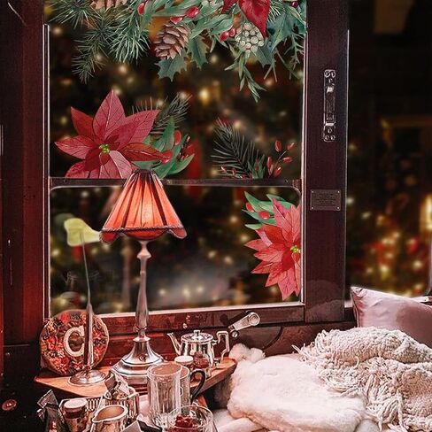 funlife Watercolor Transparent Christmas Border Stained Window Film, Decorative Double Sided Thickened Static Cling Glass Covering for Bathroom Glass Window Decor, Bell Branches and Holly in Saudi Arabia