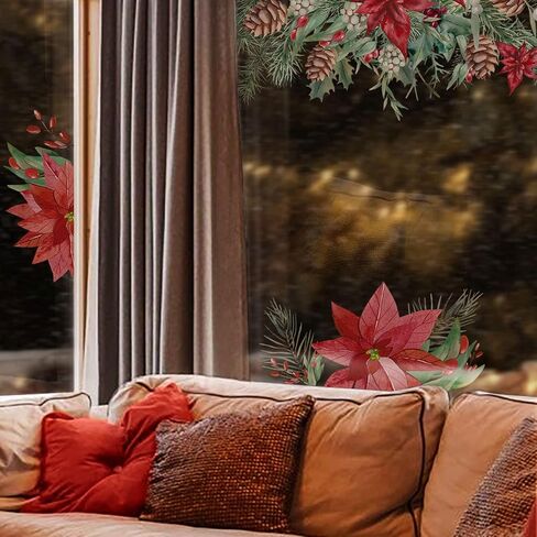 funlife Watercolor Transparent Christmas Border Stained Window Film, Decorative Double Sided Thickened Static Cling Glass Covering for Bathroom Glass Window Decor, Bell Branches and Holly in Saudi Arabia