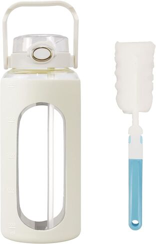 Lechay 64oz Glass Water Bottle with Straw, Reusable Half Gallon Aesthetic Water Bottles with Time Marker Large Sports Water Bottles with Silicone Sleeve and Handle for Gym Workout (Green) in Kuwait