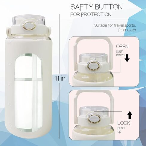 Lechay 64oz Glass Water Bottle with Straw, Reusable Half Gallon Aesthetic Water Bottles with Time Marker Large Sports Water Bottles with Silicone Sleeve and Handle for Gym Workout (Green) in Kuwait