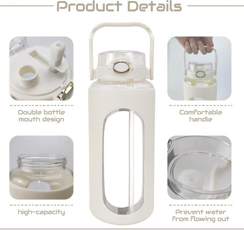 Lechay 64oz Glass Water Bottle with Straw, Reusable Half Gallon Aesthetic Water Bottles with Time Marker Large Sports Water Bottles with Silicone Sleeve and Handle for Gym Workout (Green) in Kuwait