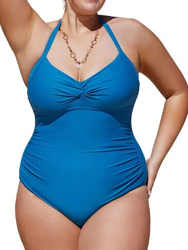 CUPSHE Plus Size Swimsuit for Women One Piece Bathing Suit Twisted Ruched Tummy Control Halter Back Tie in Saudi Arabia