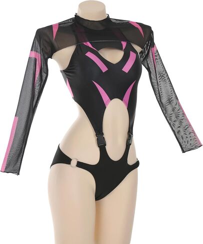 MEOWCOS Women's One Piece Swimsuits Gothic Bathing Suit Black Pink Cutout One-Piece Swimsuit with Shrug in Saudi Arabia
