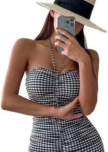 Women's One-Piece Swimsuits, Neck Strapless Monokini, Vintage Plaid Bathing Suit, Female Tummy Control Swimwear in Saudi Arabia