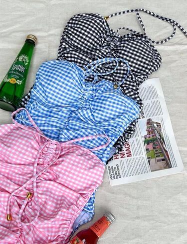 Women's One-Piece Swimsuits, Neck Strapless Monokini, Vintage Plaid Bathing Suit, Female Tummy Control Swimwear in Saudi Arabia