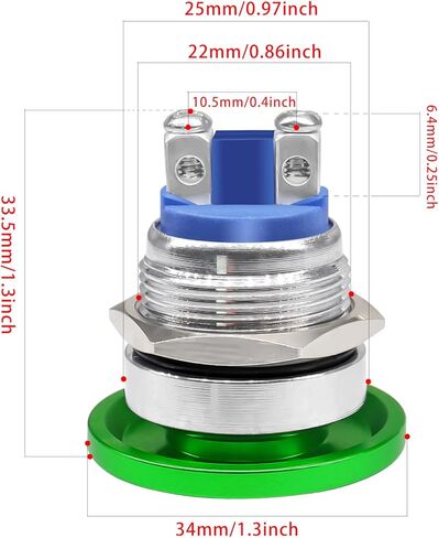 Taiss 2 قطعة 22 مم مفتاح زر ضغط رأس الفطر SPST IP65 مقاوم للماء معدني مؤقت زر تشغيل 1NO 5A DC 12V 24V 36V AC 110V 250V (22 مم، أخضر) in Kuwait