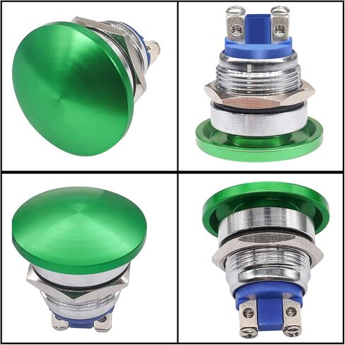 Taiss 2 قطعة 22 مم مفتاح زر ضغط رأس الفطر SPST IP65 مقاوم للماء معدني مؤقت زر تشغيل 1NO 5A DC 12V 24V 36V AC 110V 250V (22 مم، أخضر) in Kuwait
