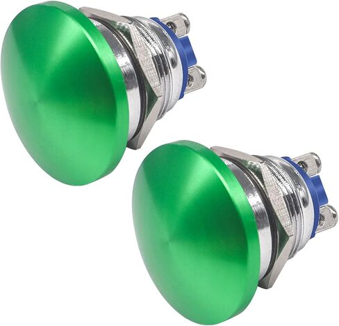 Taiss 2 قطعة 22 مم مفتاح زر ضغط رأس الفطر SPST IP65 مقاوم للماء معدني مؤقت زر تشغيل 1NO 5A DC 12V 24V 36V AC 110V 250V (22 مم، أخضر) in Kuwait