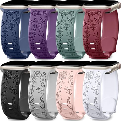 Easuny 8 Pack Bands for Women Compatible with Apple Watch 40mm 41mm 38mm 42mm 44mm 45mm 46mm 49mm iWatch Series 11 10 9 8 7 6 5 4 3 Ultra SE 3 SE 2nd, Soft Silicone Floral Engraved Dressy Wrist Straps in Kuwait