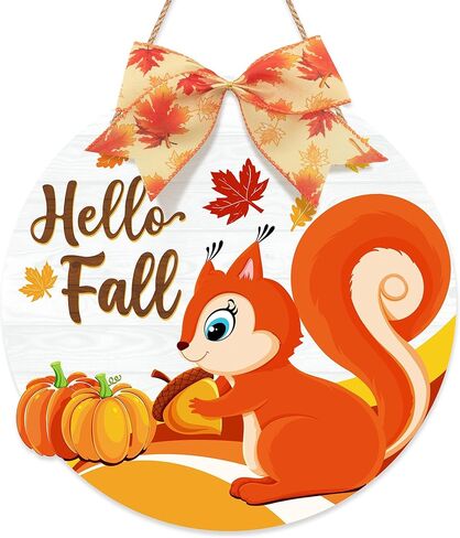 Hello Fall Door Wreath Squirrel, Autumn Harvest Welcome Wood Hanging Sign, Round Thanksgiving Door Hanger with Bow for Front Door Decoration, Pumpkin Maple Leaf Home Farmhouse Wall Decor in Kuwait