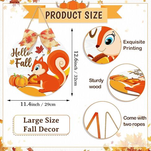Hello Fall Door Wreath Squirrel, Autumn Harvest Welcome Wood Hanging Sign, Round Thanksgiving Door Hanger with Bow for Front Door Decoration, Pumpkin Maple Leaf Home Farmhouse Wall Decor in Kuwait