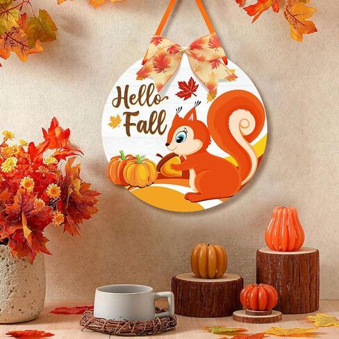 Hello Fall Door Wreath Squirrel, Autumn Harvest Welcome Wood Hanging Sign, Round Thanksgiving Door Hanger with Bow for Front Door Decoration, Pumpkin Maple Leaf Home Farmhouse Wall Decor in Kuwait