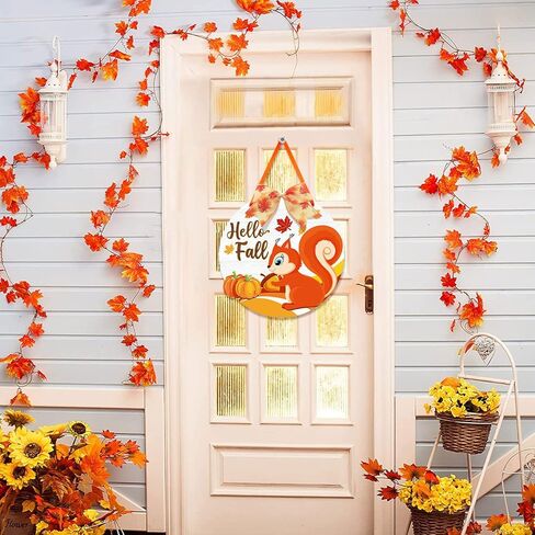 Hello Fall Door Wreath Squirrel, Autumn Harvest Welcome Wood Hanging Sign, Round Thanksgiving Door Hanger with Bow for Front Door Decoration, Pumpkin Maple Leaf Home Farmhouse Wall Decor in Kuwait