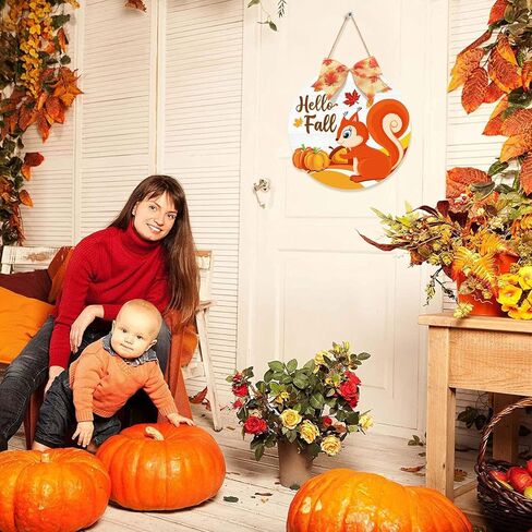 Hello Fall Door Wreath Squirrel, Autumn Harvest Welcome Wood Hanging Sign, Round Thanksgiving Door Hanger with Bow for Front Door Decoration, Pumpkin Maple Leaf Home Farmhouse Wall Decor in Kuwait