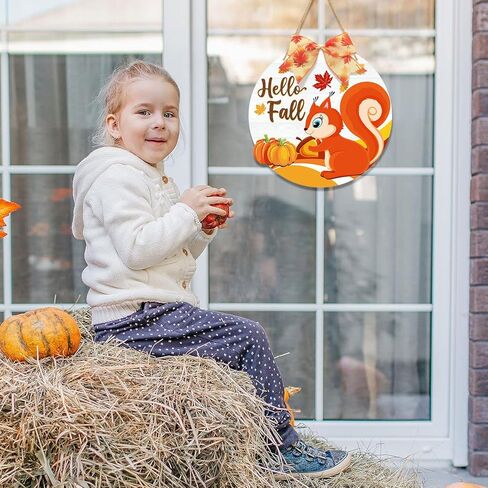 Hello Fall Door Wreath Squirrel, Autumn Harvest Welcome Wood Hanging Sign, Round Thanksgiving Door Hanger with Bow for Front Door Decoration, Pumpkin Maple Leaf Home Farmhouse Wall Decor in Kuwait