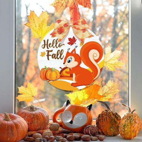 Hello Fall Door Wreath Squirrel, Autumn Harvest Welcome Wood Hanging Sign, Round Thanksgiving Door Hanger with Bow for Front Door Decoration, Pumpkin Maple Leaf Home Farmhouse Wall Decor in Kuwait