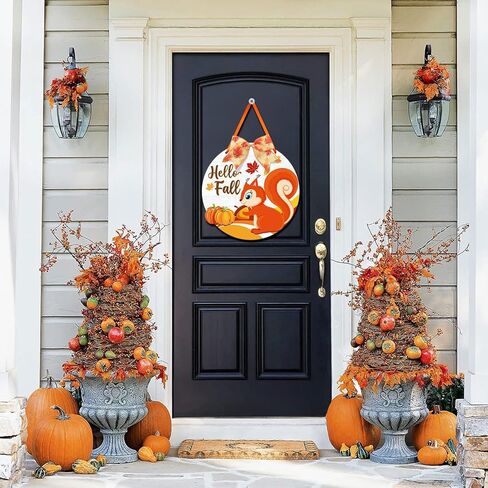 Hello Fall Door Wreath Squirrel, Autumn Harvest Welcome Wood Hanging Sign, Round Thanksgiving Door Hanger with Bow for Front Door Decoration, Pumpkin Maple Leaf Home Farmhouse Wall Decor in Kuwait