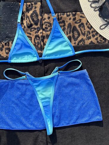 WDIRARA Women's Micro Halter Cheeky 3 Piece Thong Bikini Set with Mesh Cover Up Skirt in Saudi Arabia