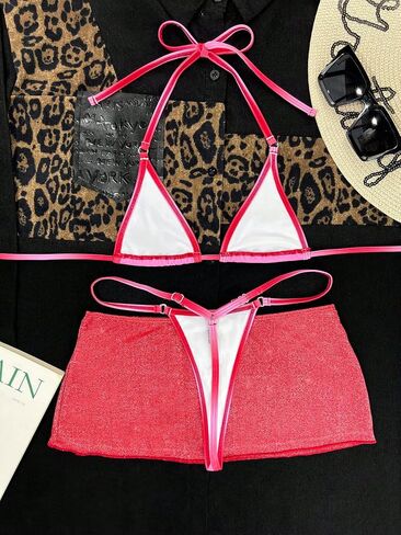 WDIRARA Women's Micro Halter Cheeky 3 Piece Thong Bikini Set with Mesh Cover Up Skirt in Saudi Arabia