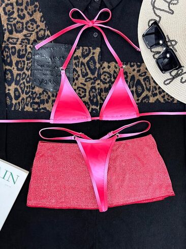 WDIRARA Women's Micro Halter Cheeky 3 Piece Thong Bikini Set with Mesh Cover Up Skirt in Saudi Arabia