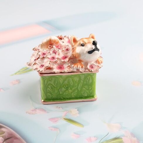 Puppy Dog Cherry Blossom Trinket Jewelry Box Animal Collectible Figurine Decoration (2pcs) in Saudi Arabia