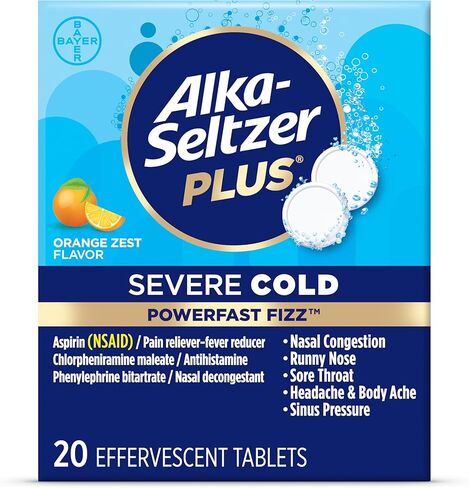 ALKA-SELTZER PLUS البرد الشديد، PowerFast Fizz، أقراص Zest الفوارة، للبالغين الذين يعانون من الصداع والتهاب الحلق واحتقان الجيوب الأنفية وسيلان الأنف والعطس والحمى وآلام الجسم وآلامه، برتقالي، 20 قطعة in Kuwait