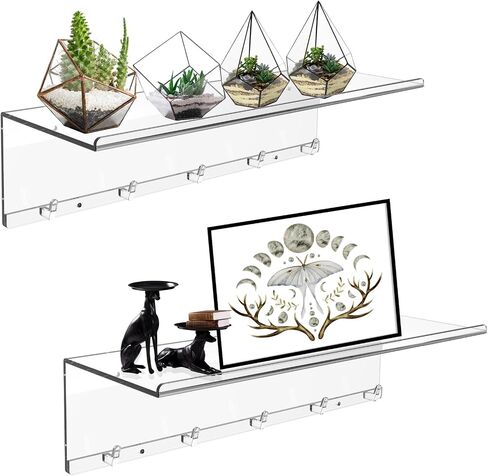 2 Pack Acrylic Floating Shelves, Wall Mounted Shelf with Removable Hooks, Clear Floating Shelves for Bathroom, Kitchen, Bedroom, Living Room (Transparent) in Saudi Arabia